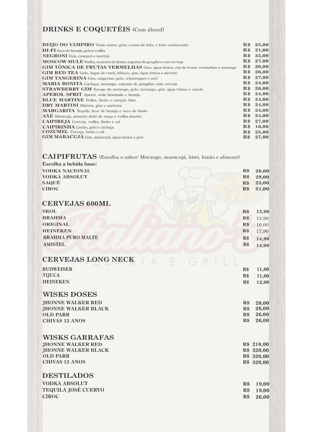 Italianos Pizzaria e Restaurante cardápio