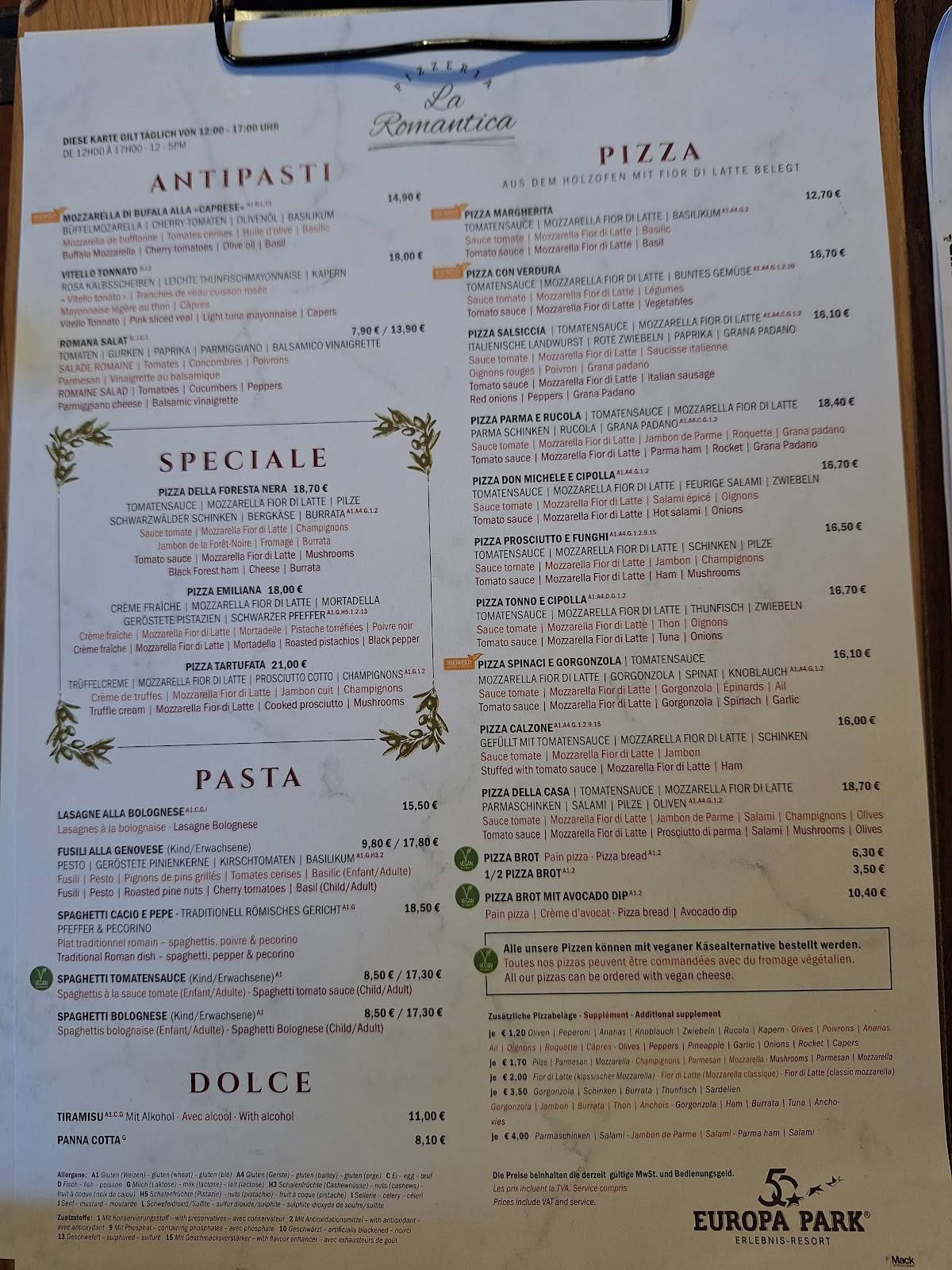 Menu de Pizzeria "La Romantica"