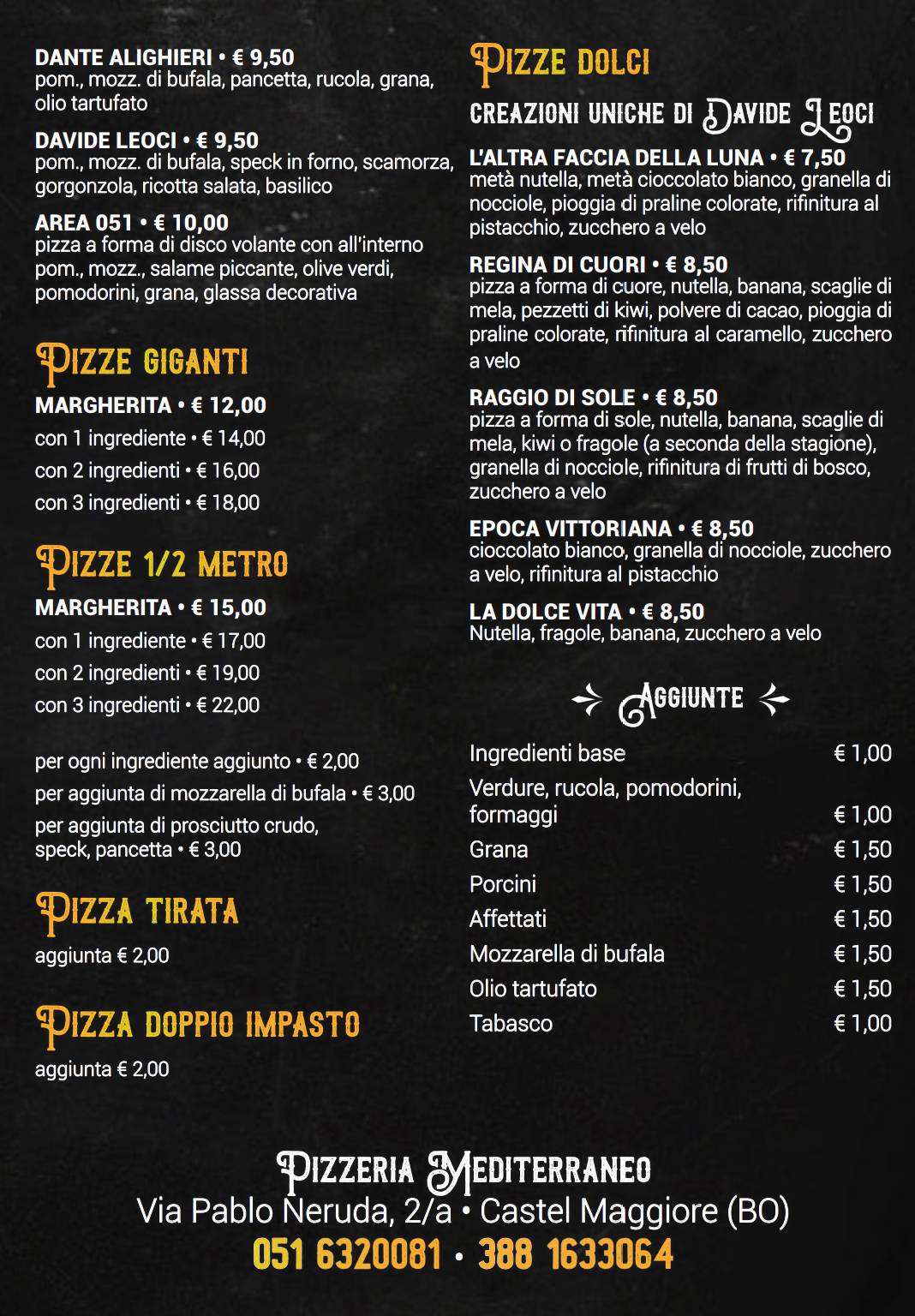 Menu di Pizzeria Mediterraneo Pizza D'Autore Castel Maggiore 