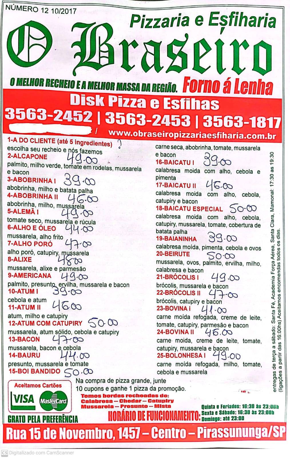 O Braseiro Pizzaria e Esfiharia cardápio