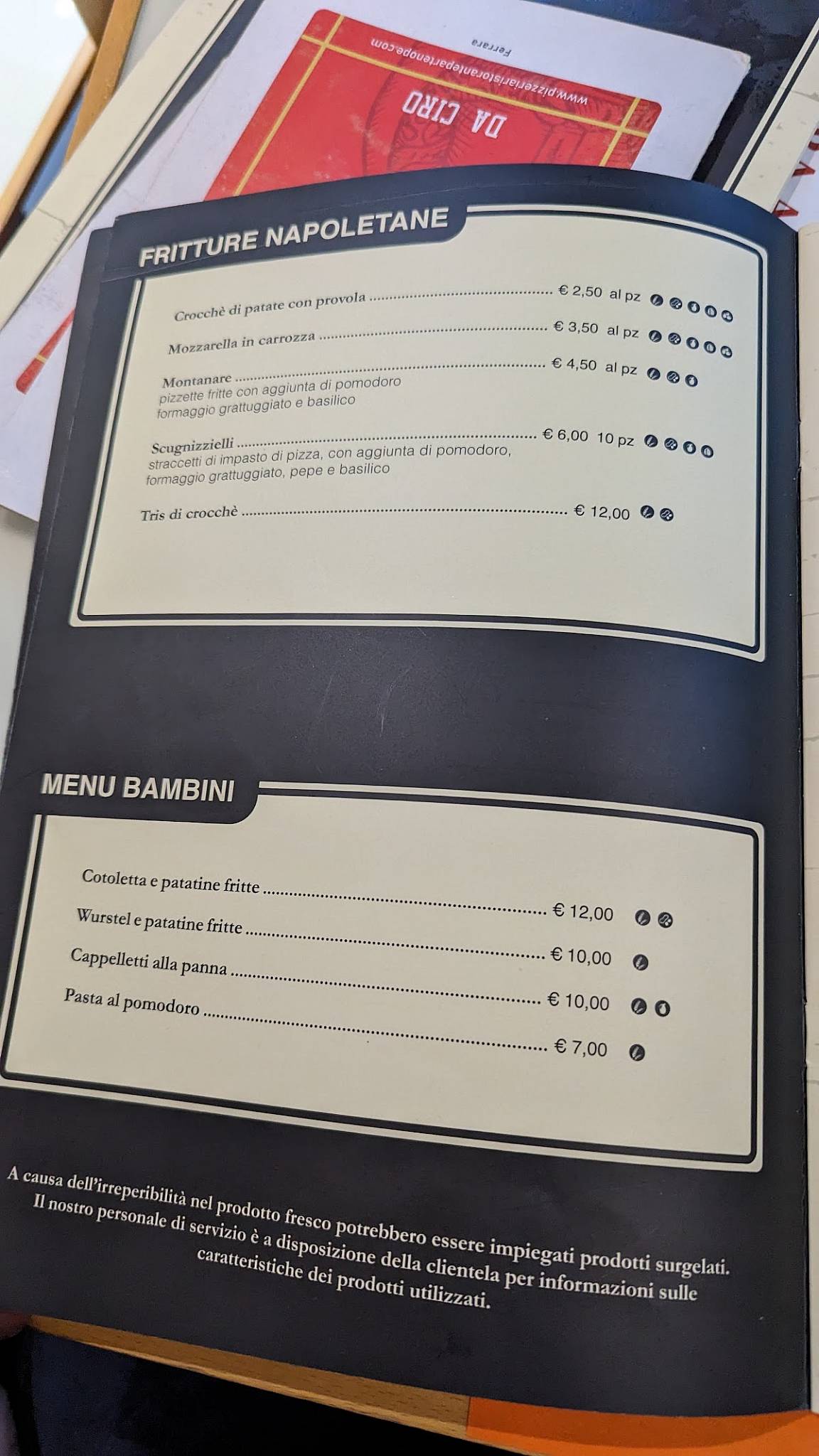 Menu di Pizzeria Ristorante Partenope 