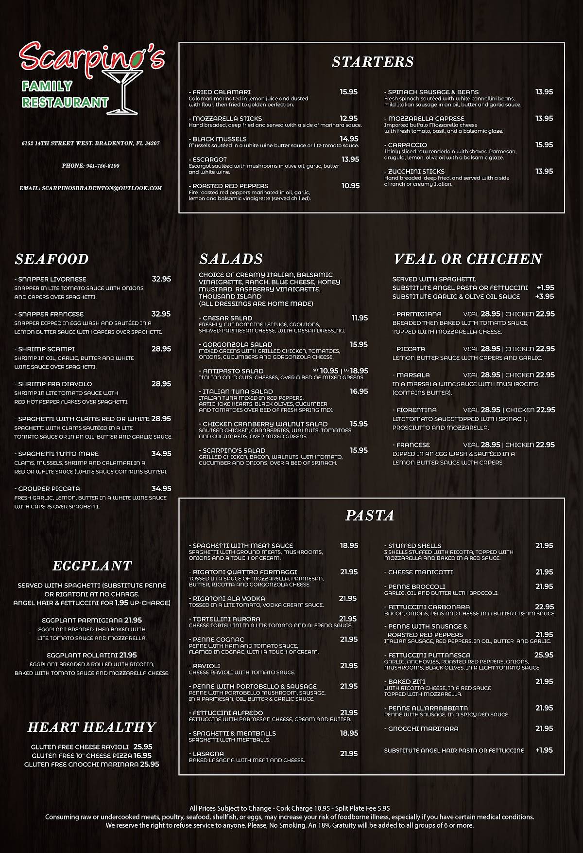 Menu at Scarpino's Classic Italian pizzeria, Bradenton