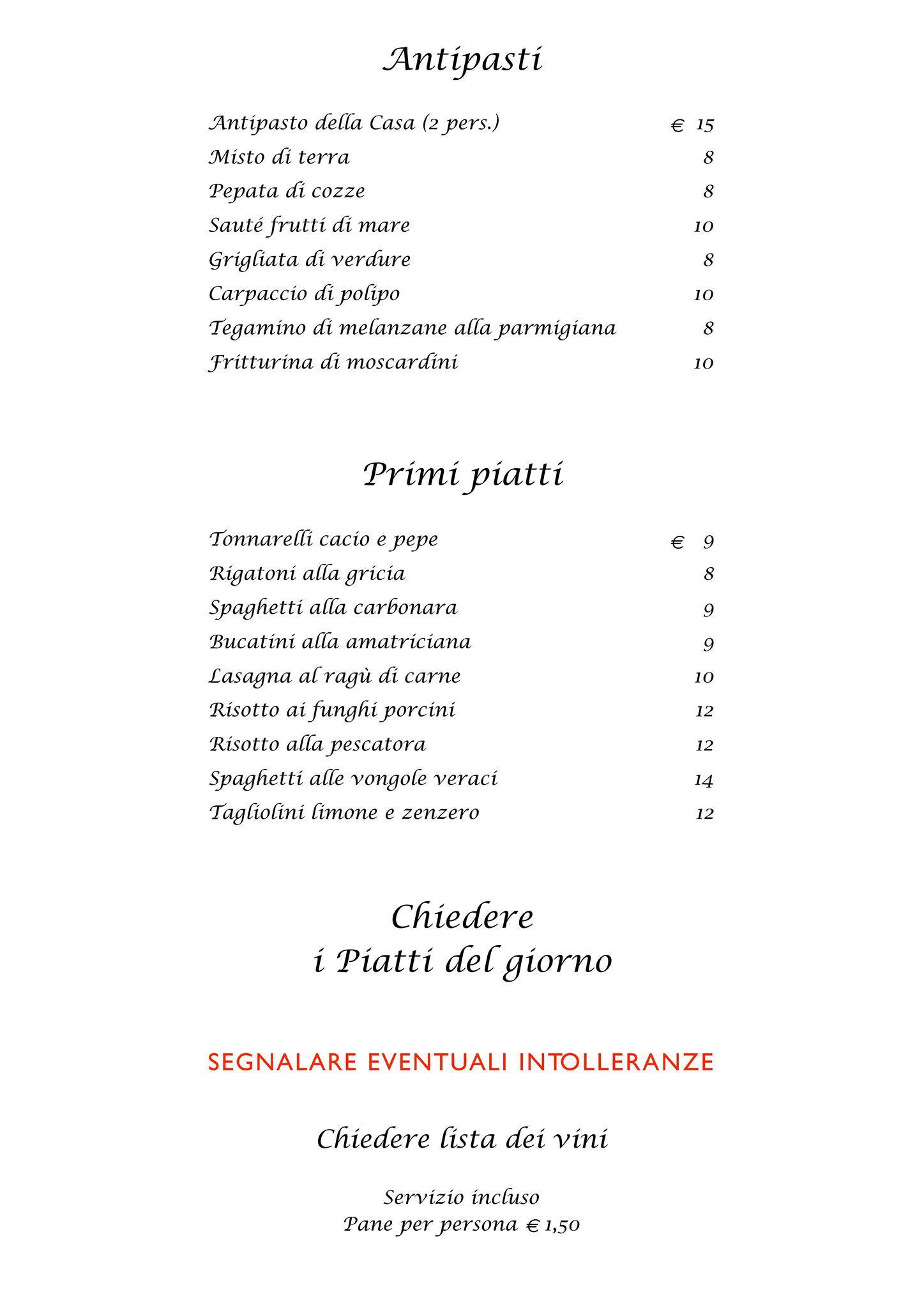 Menu di Trattoria Pizzeria Micci 