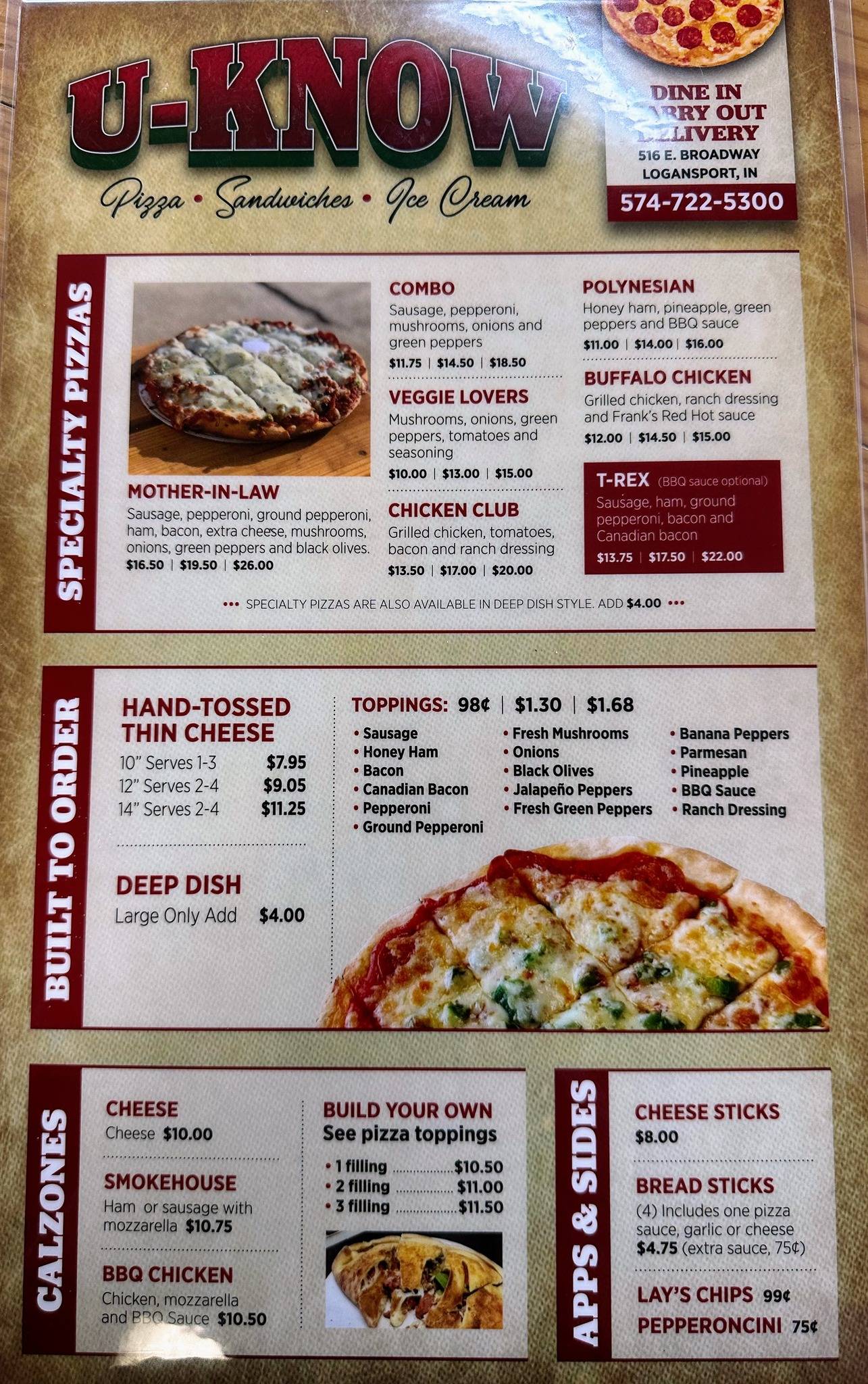 Menu at UKnow Pizza & Sandwich Shop pizzeria, Logansport