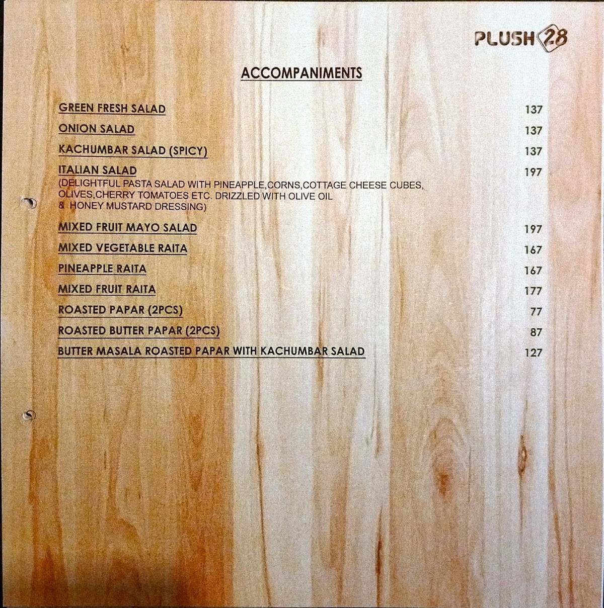 Plush 28 -Pure Veg Restaurant menu