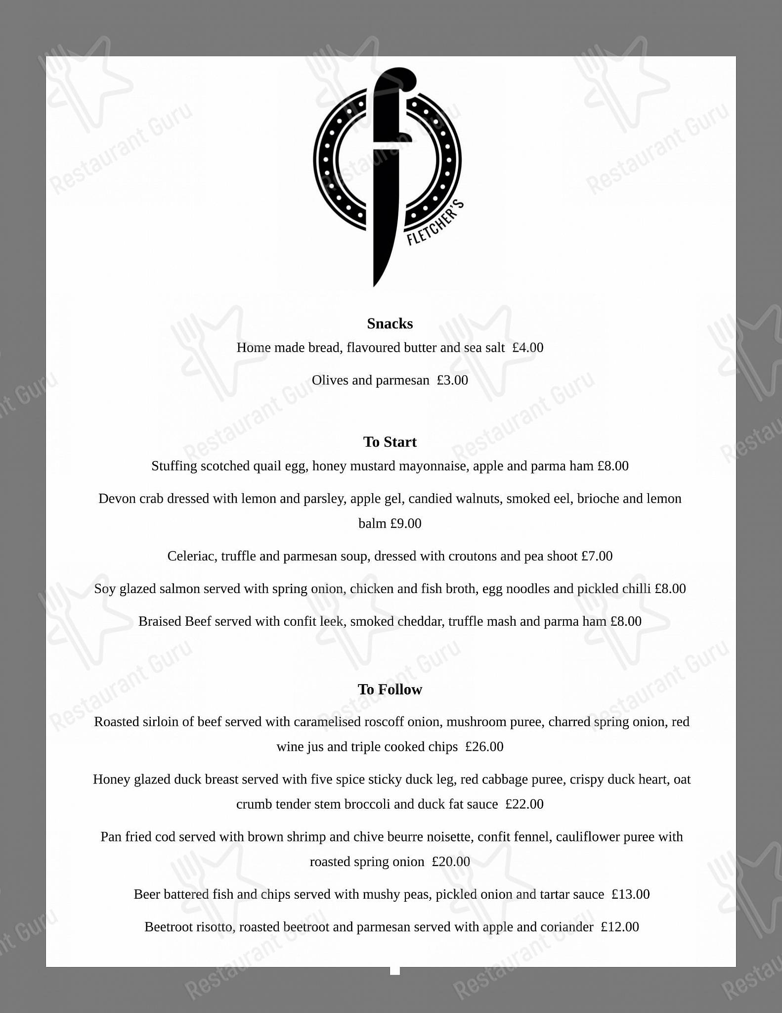 Menu at Fletcher's Restaurant, Plymouth