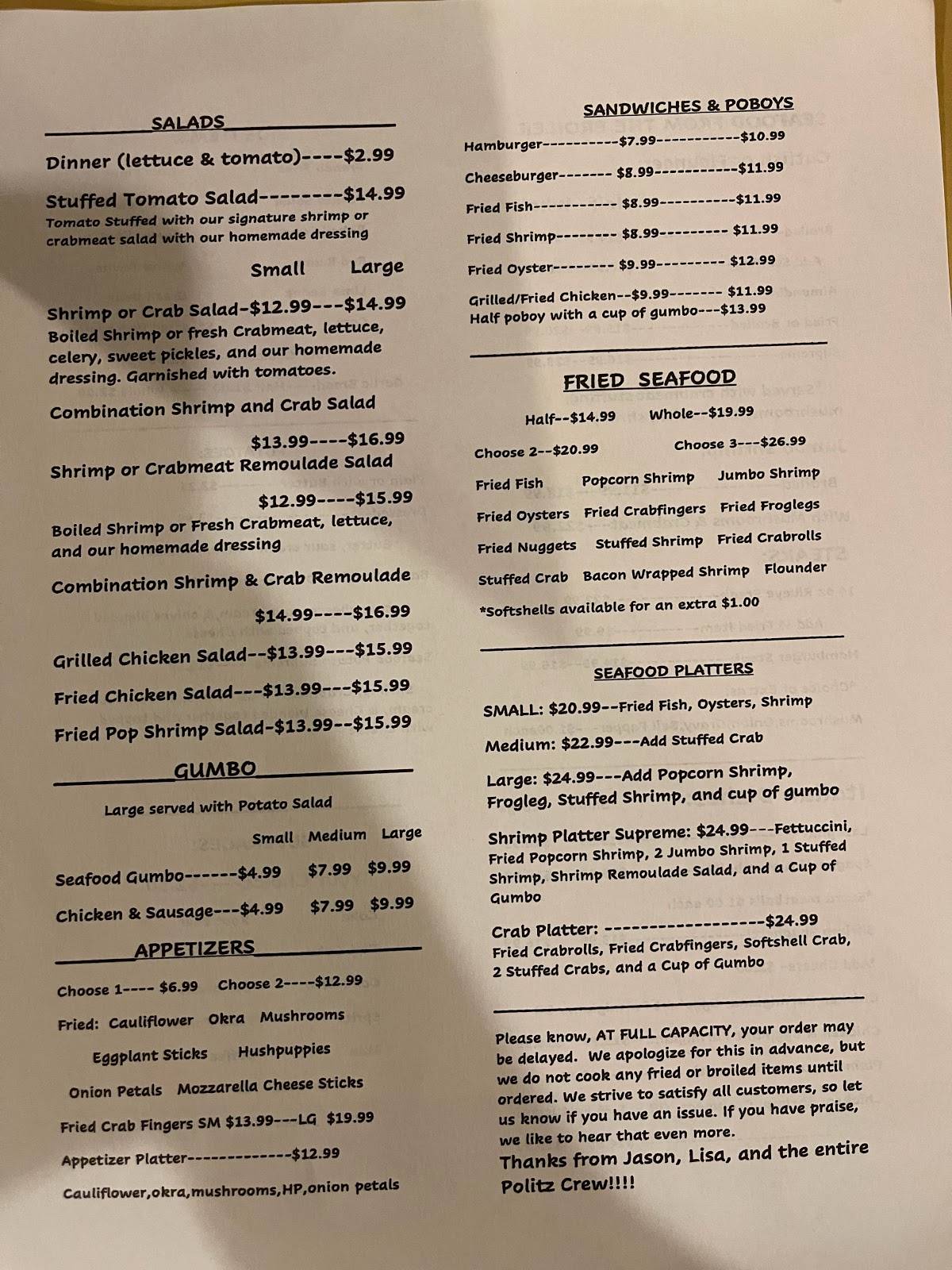 Menu at Politz's Restaurant, Thibodaux