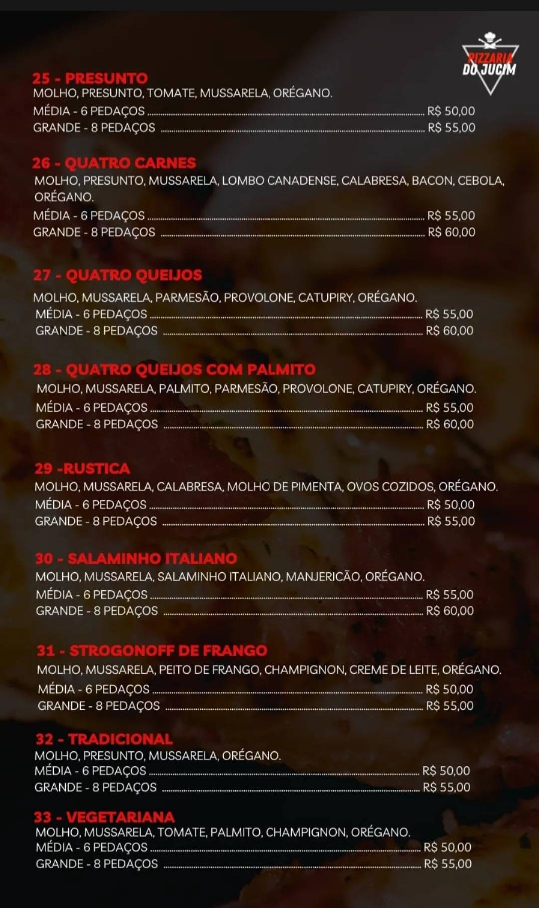 Pizzaria do jucim cardápio