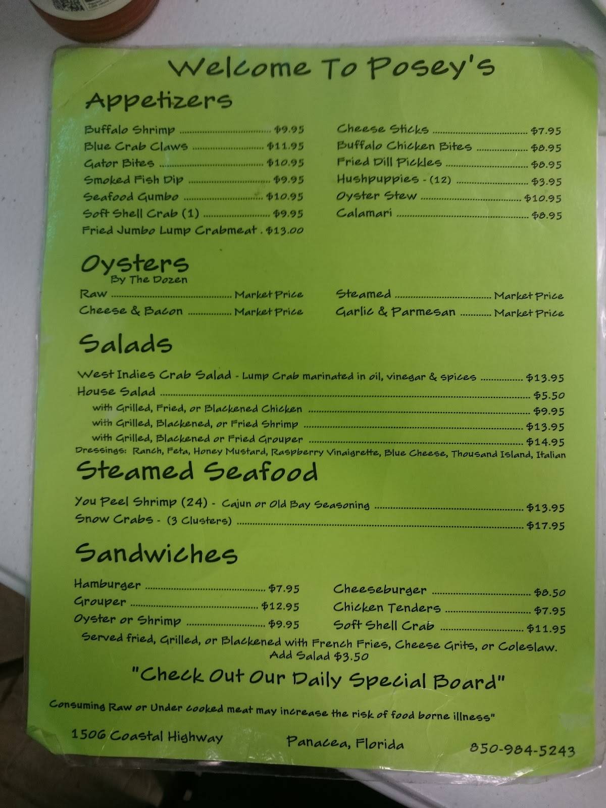 Menu at Posey's Up the Creek Steam Room restaurant, Panacea