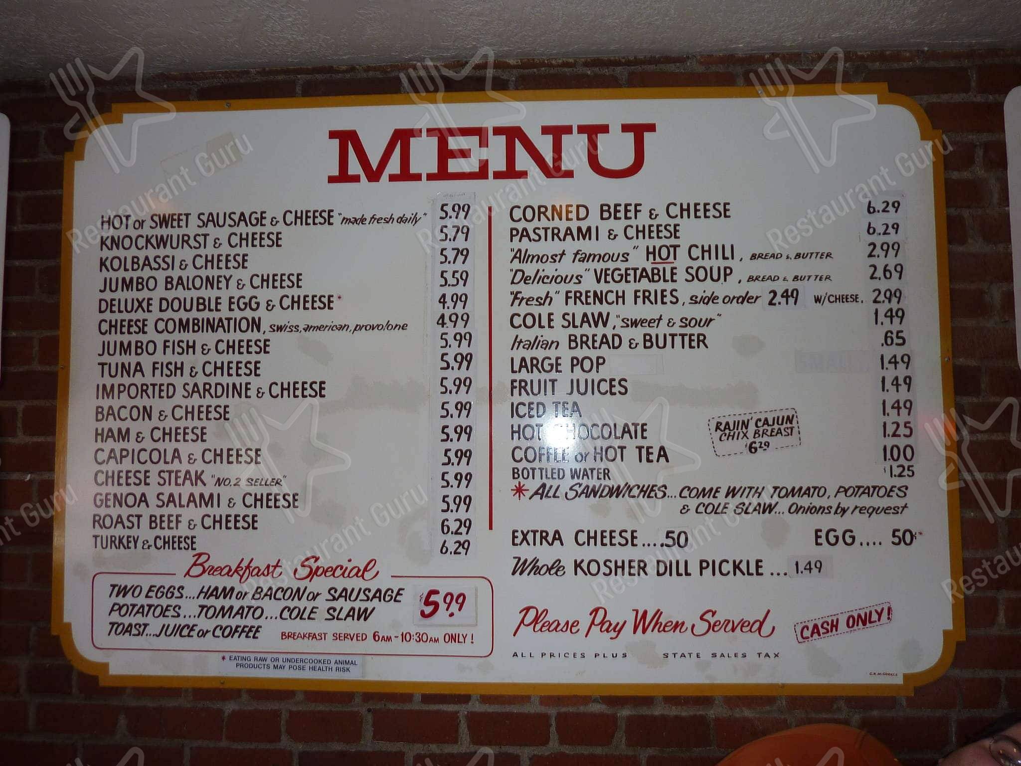 Primanti Bros. Restaurant and Bar menu