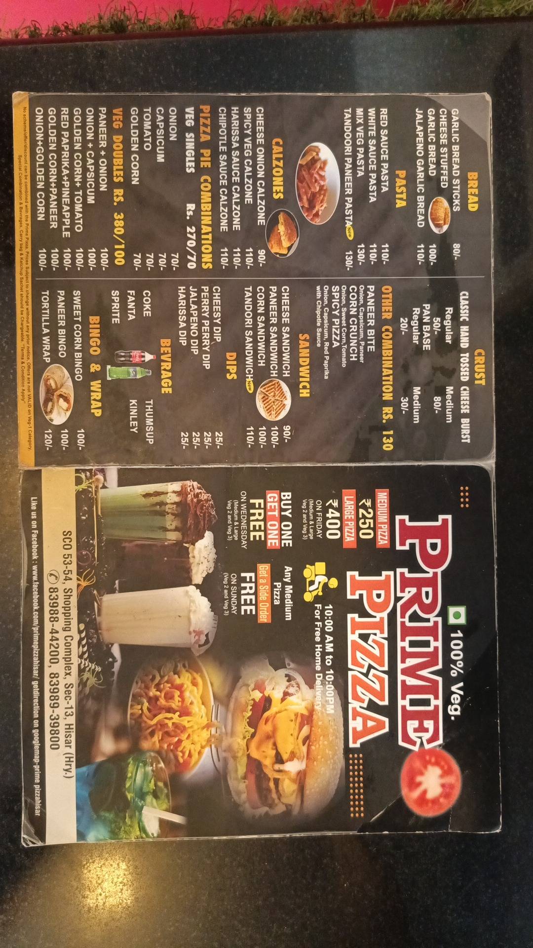 Prime Pizza menu