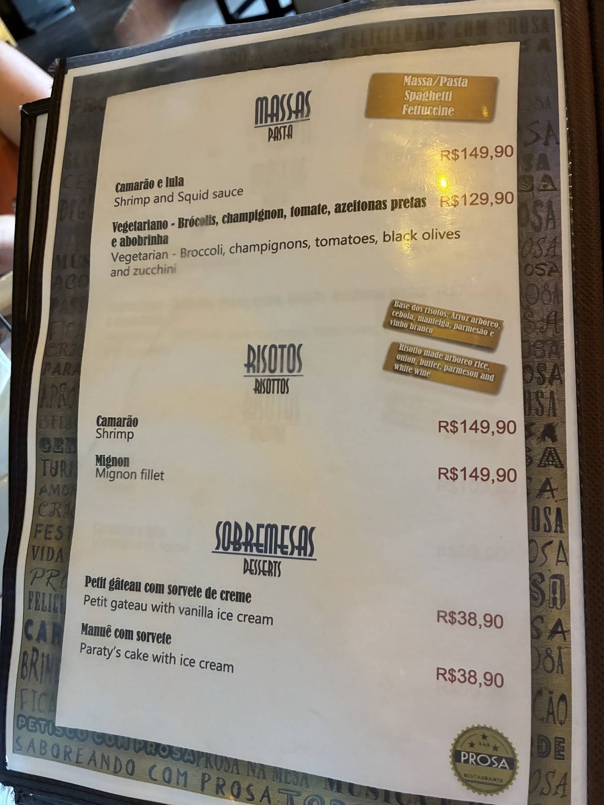 Prosa Restaurante cardápio