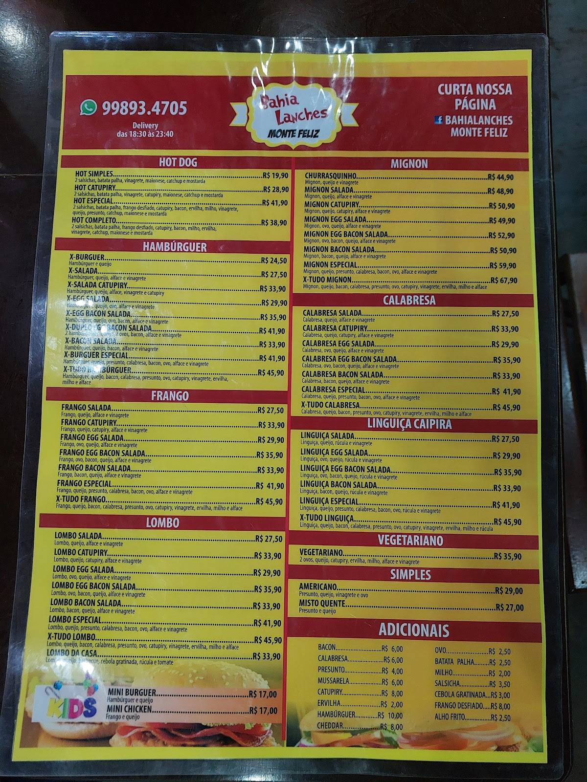 Bahia Lanches cardápio