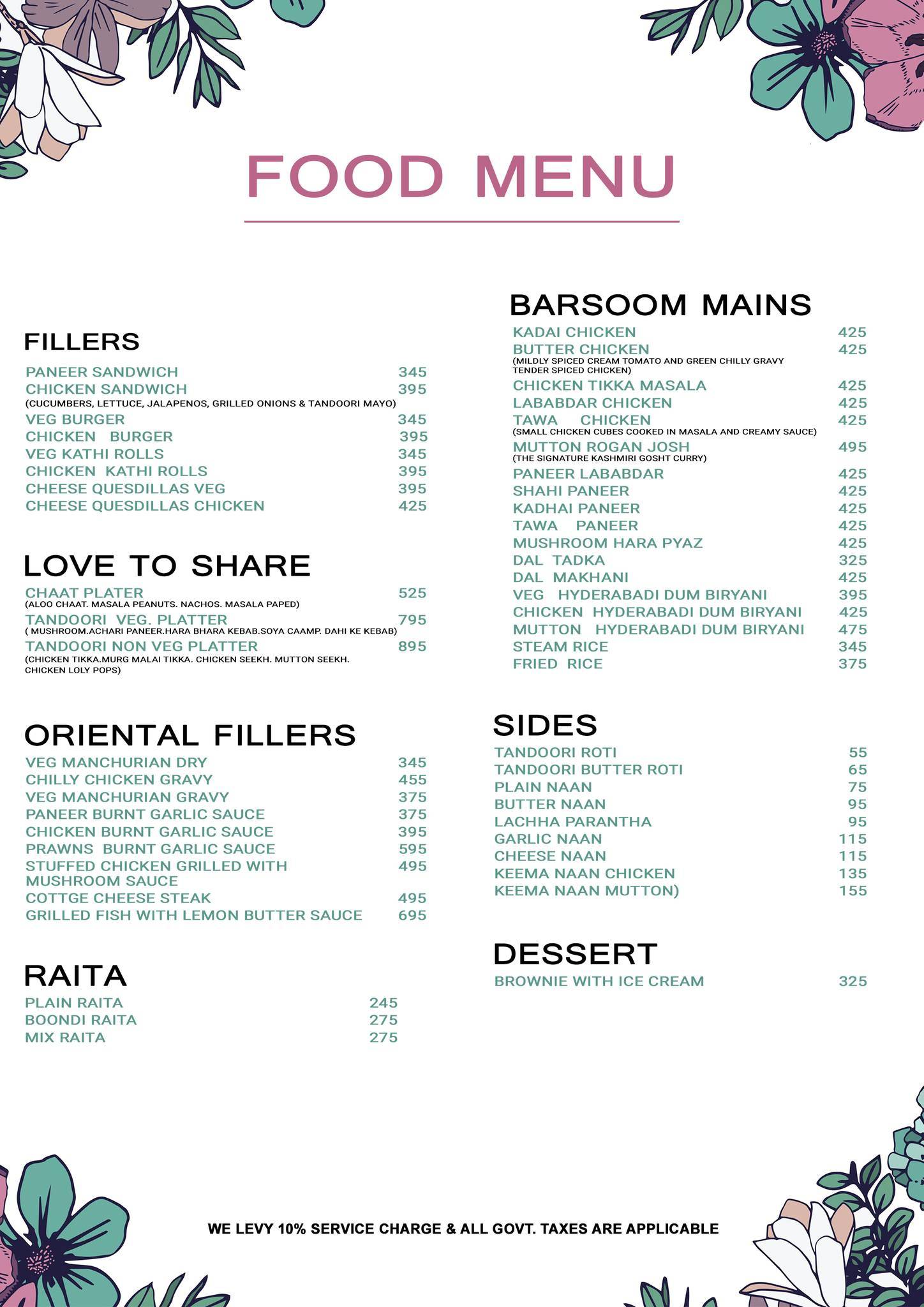 Barsoom frat House menu