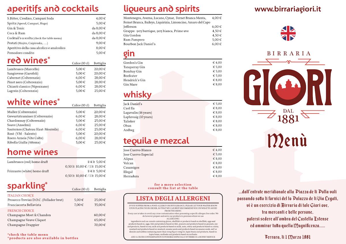Menu di Birraria Giori Dal 1881 