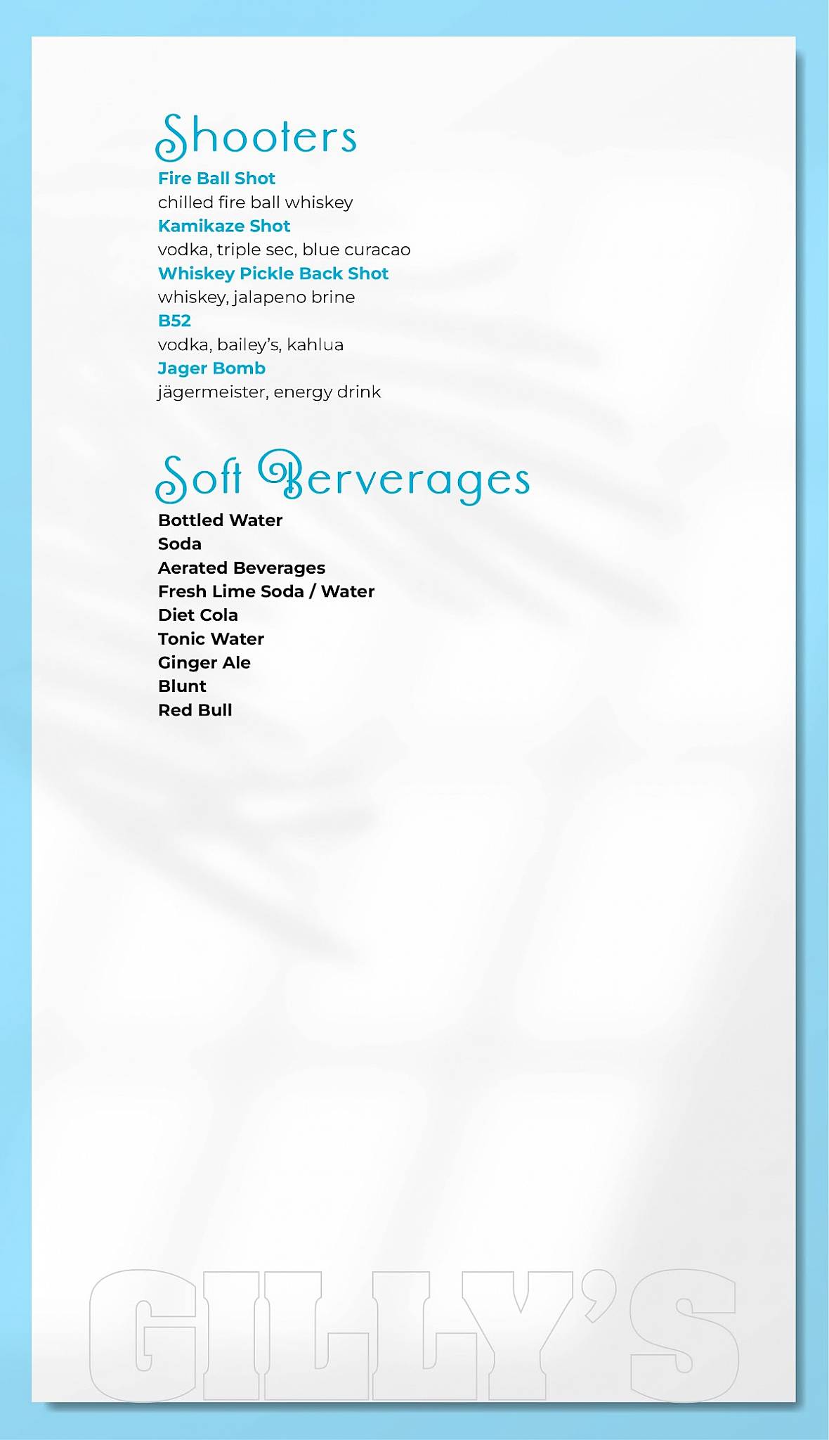 Gillys Restobar menu