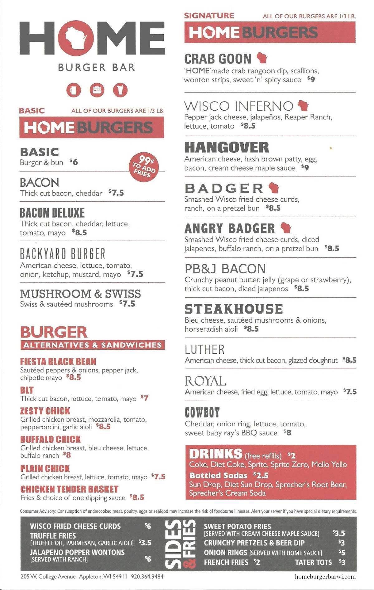 Menu at Home Burger Bar, Appleton
