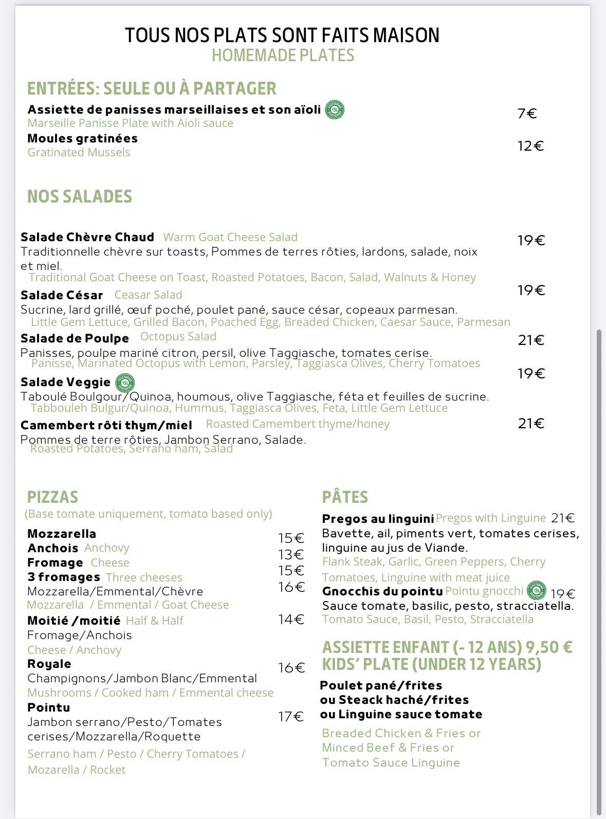 Menu de Le Pointu