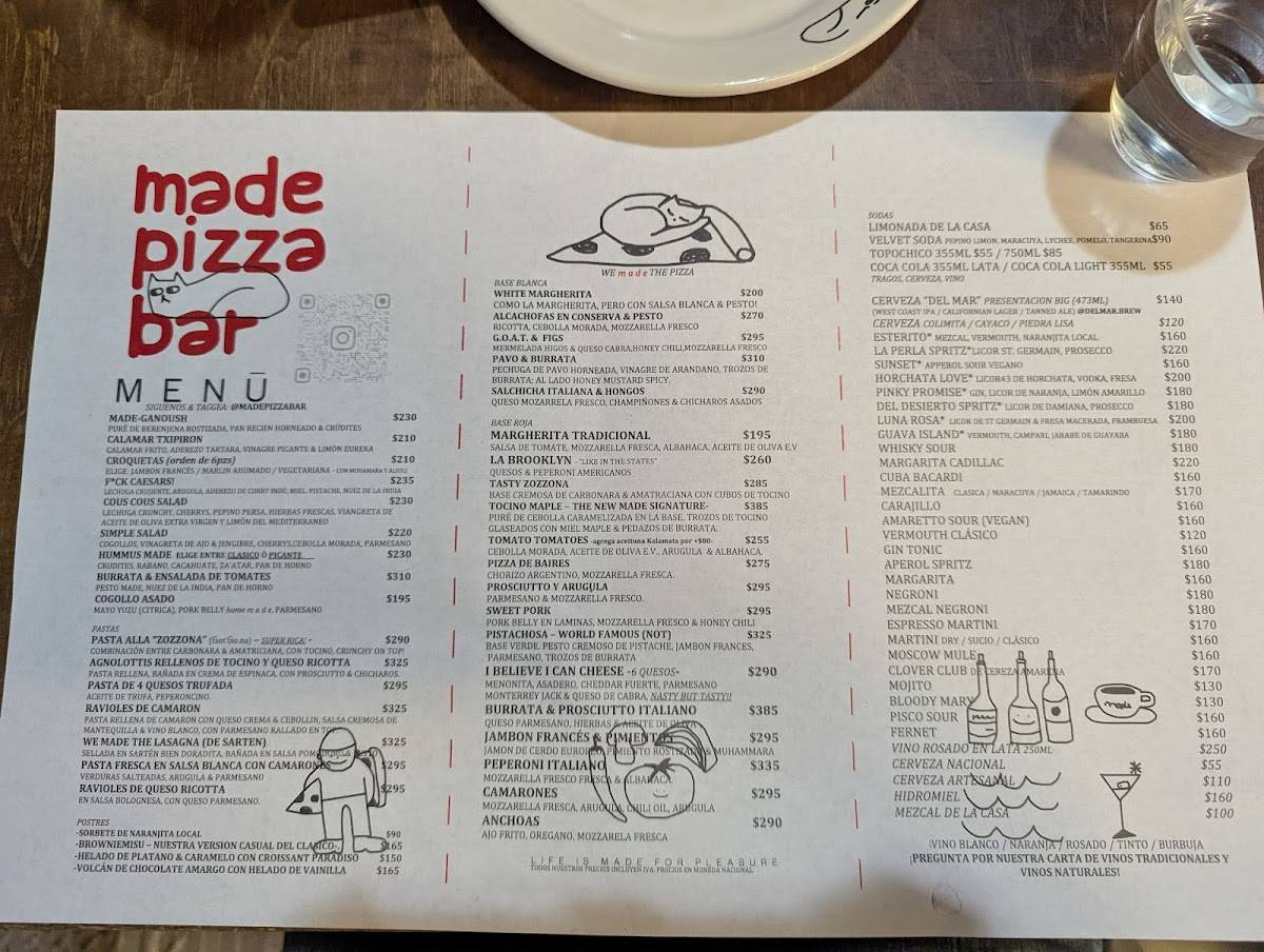 Carta de Made Pizza Bar, La Paz