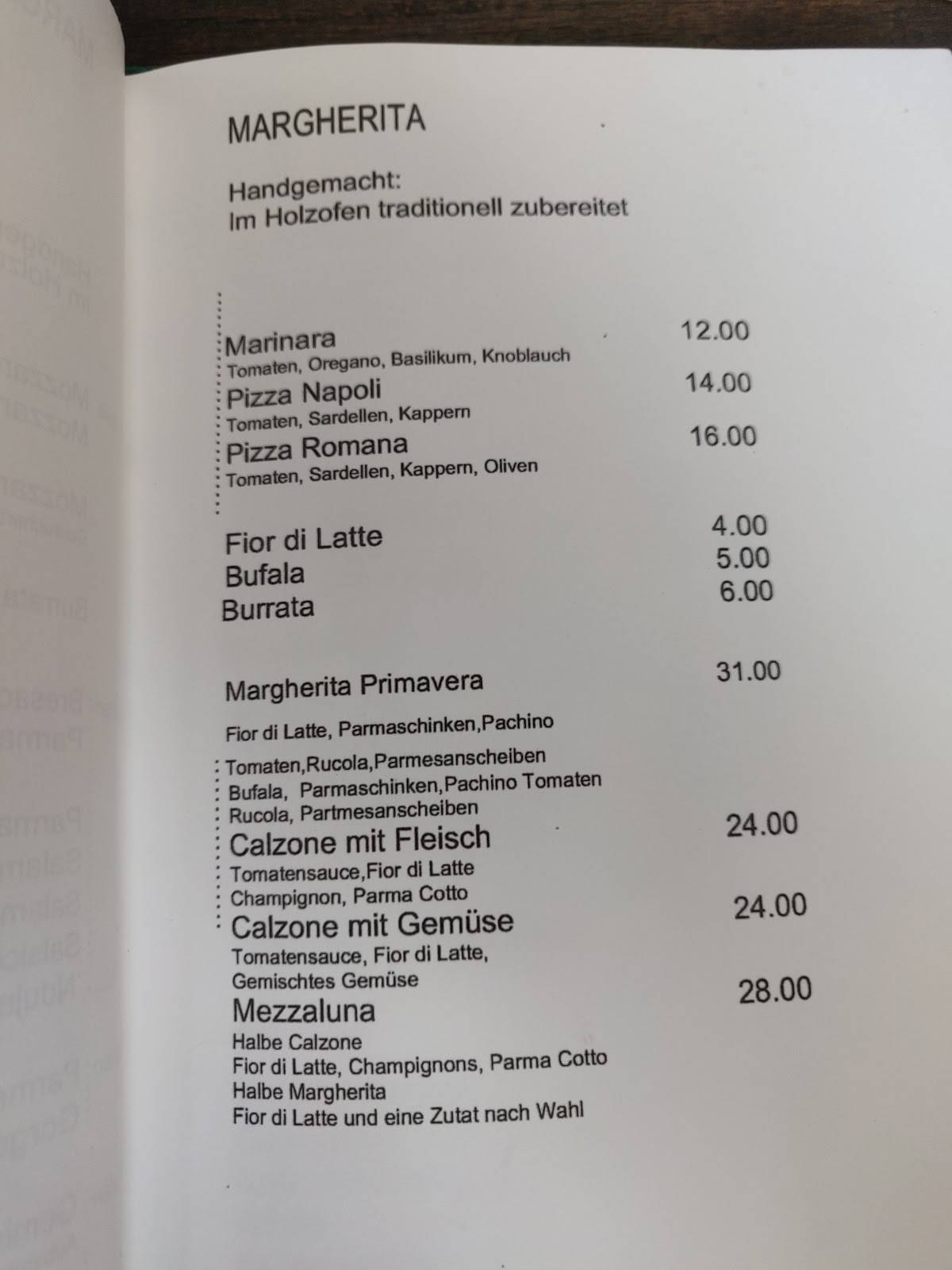 Menu di Restaurant Pizzeria Margherita 