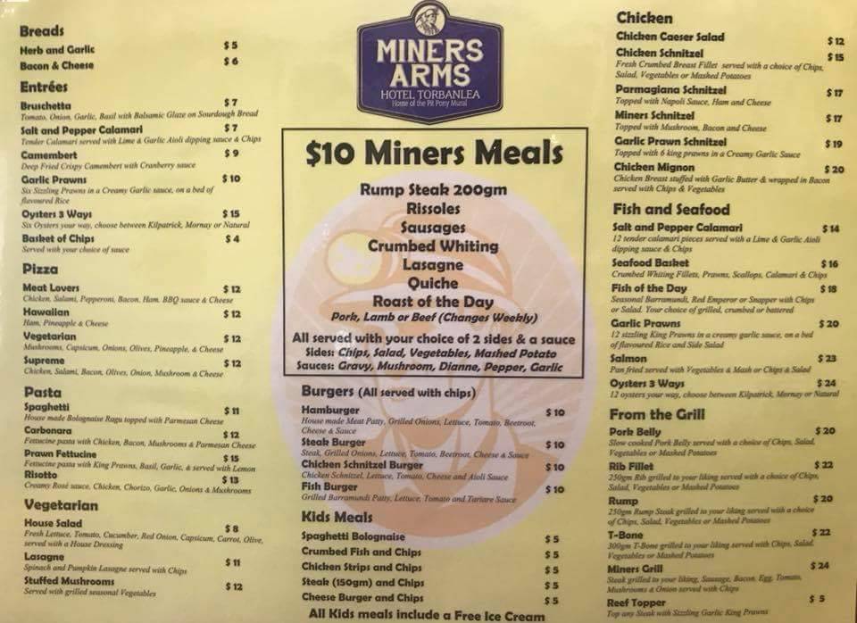 Menu at Miners Arms Hotel pub & bar, Torbanlea