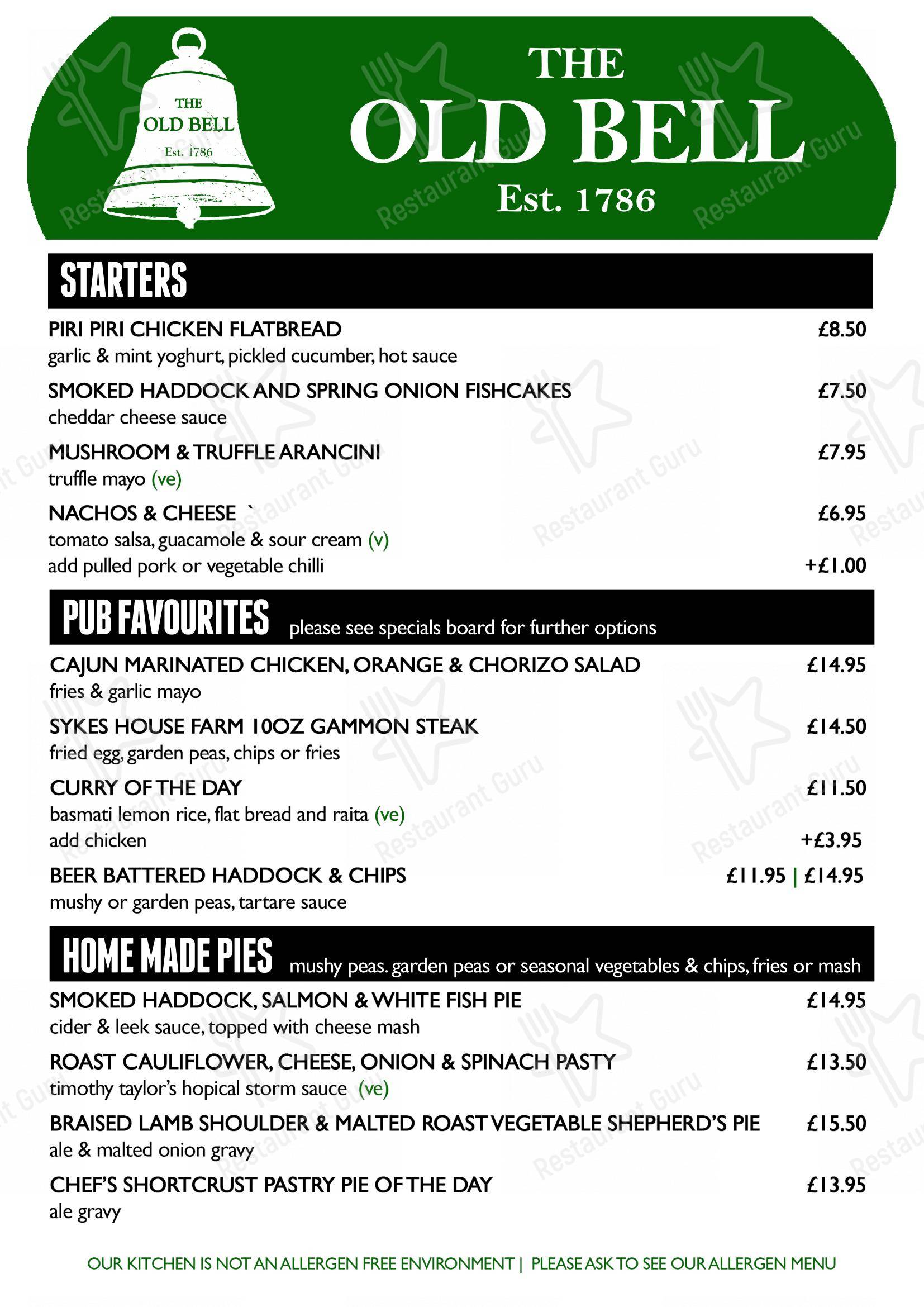 Menu at Old Bell Tavern pub & bar, Harrogate