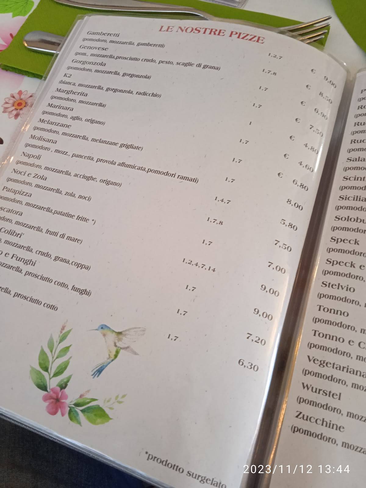 Menu di Pizzeria Colibrì 