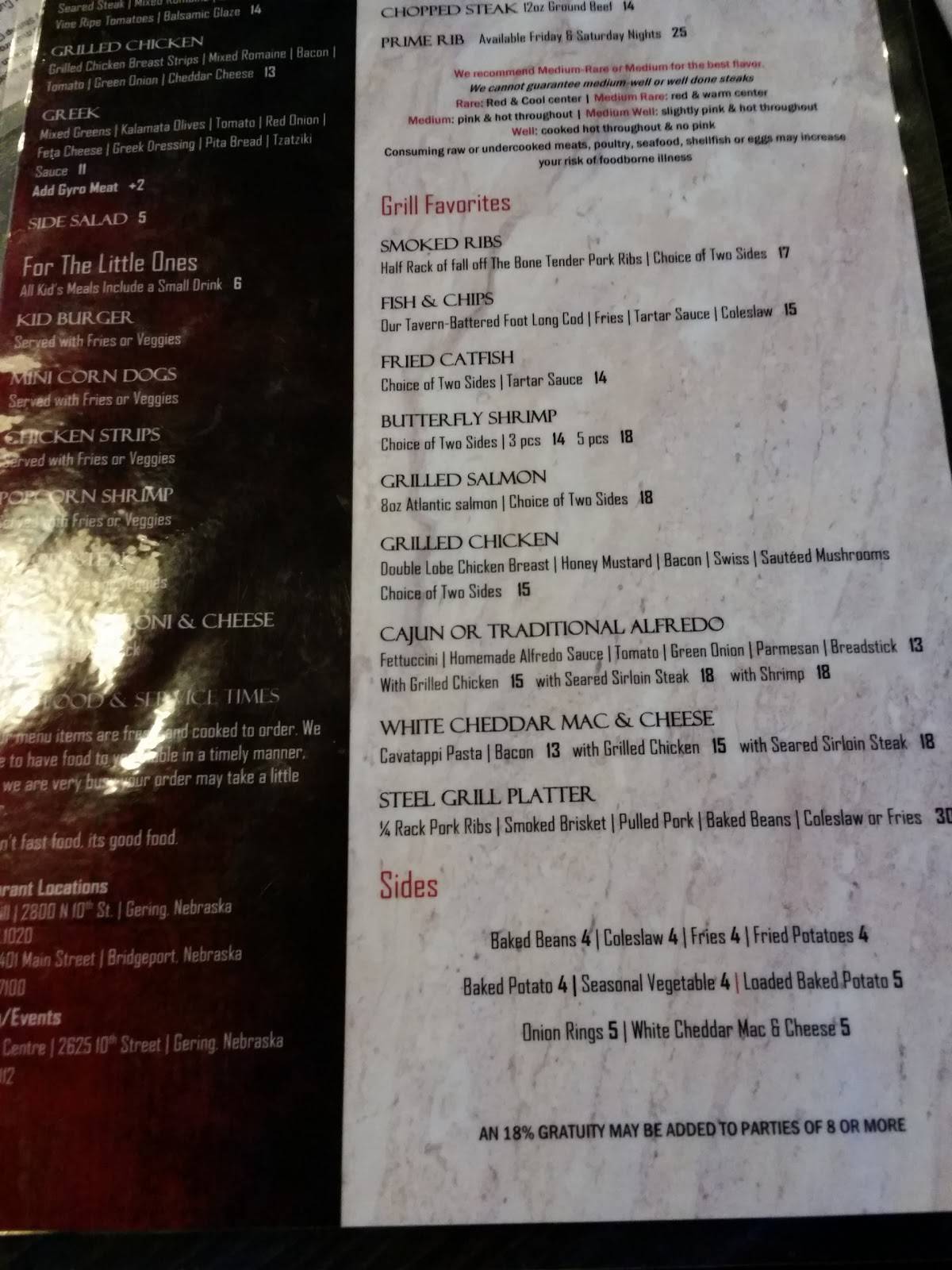 Menu at Steel Grill Restaurant & Bar, Gering