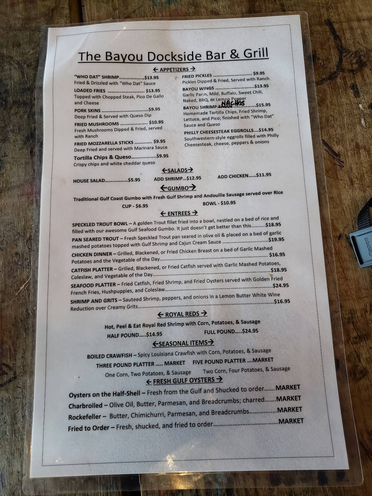 Menu at The Bayou Dockside Bar & Grill, Ocean Springs