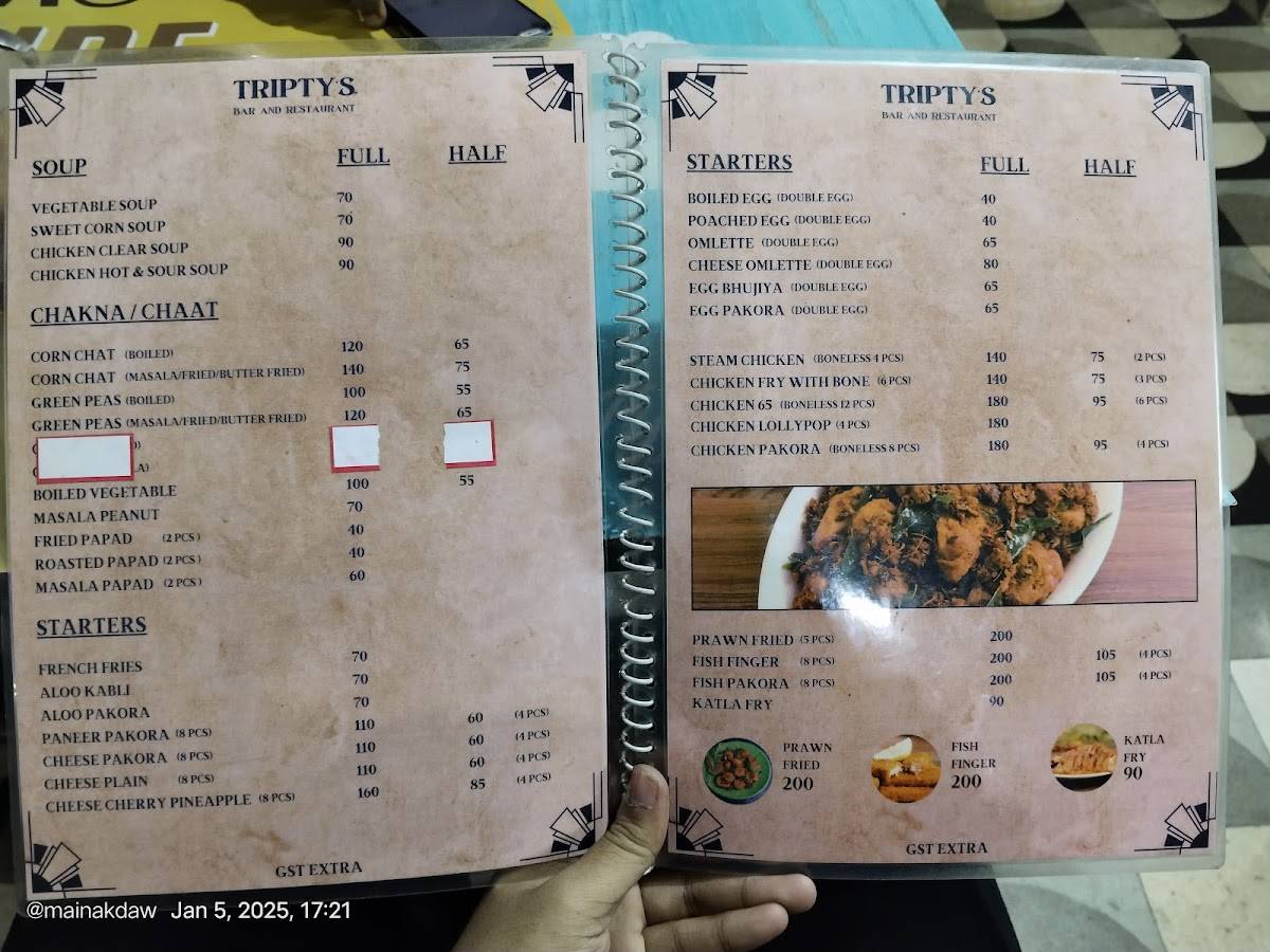 Tripty's Bar and Restaurant menu