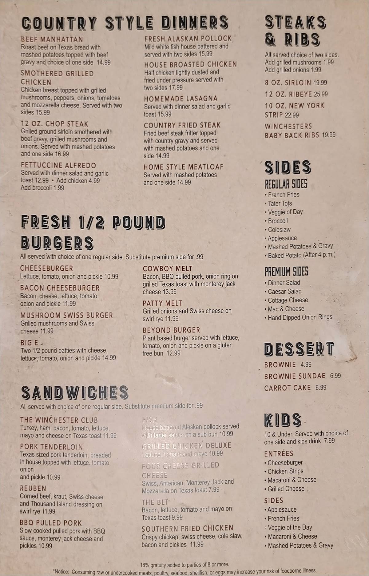 Menu at Winchesters Restaurant and Saloon, Delta