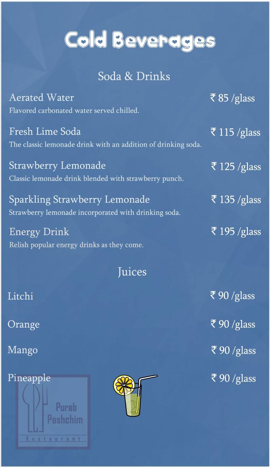 Purab Pashchim Restaurant menu