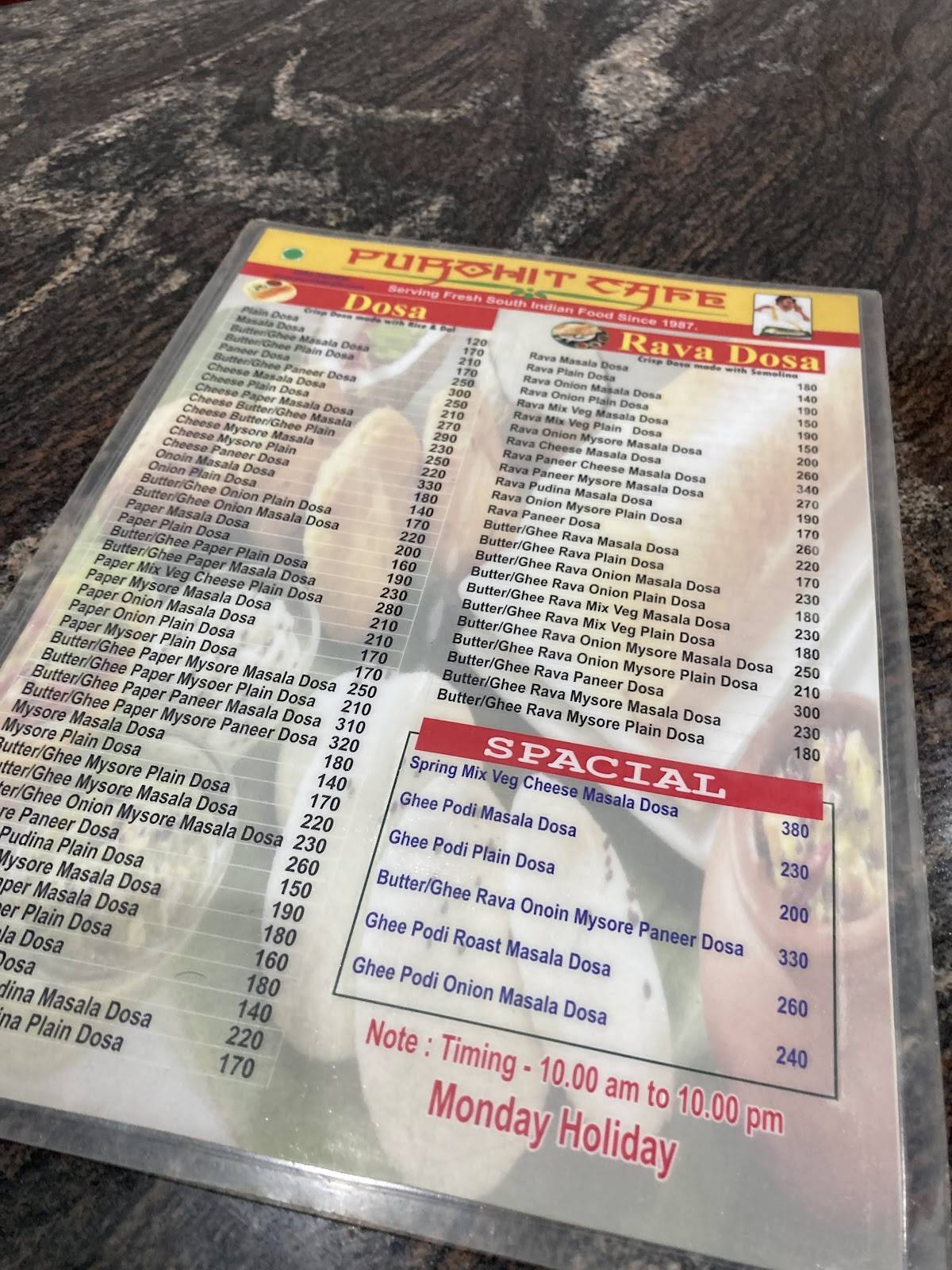 Purohit Cafe .. Where taste, trust, and tradition meet — since 1987. menu