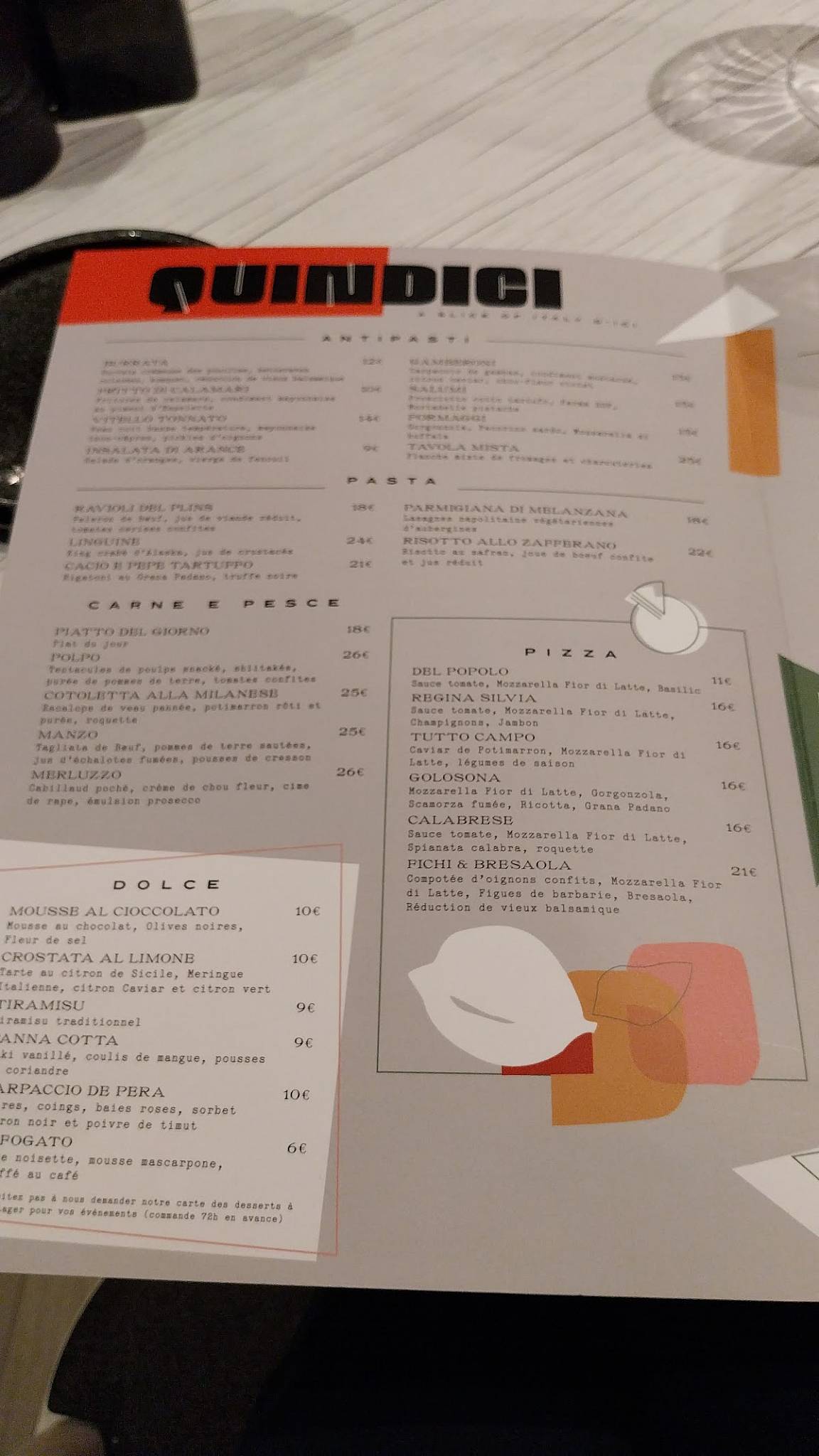Menu de Quindici Trattoria Rouen