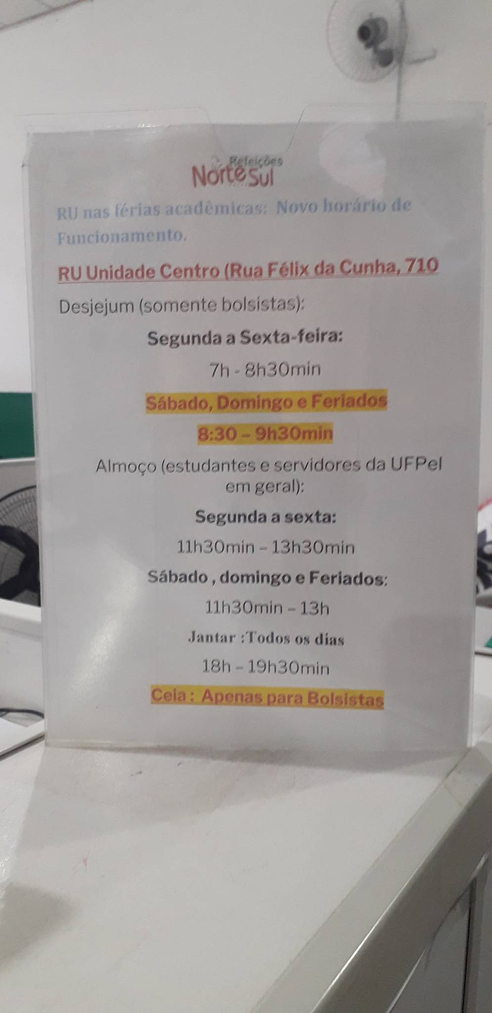 RU UFPEL - Unidade Centro / Refeições Norte Sul cardápio