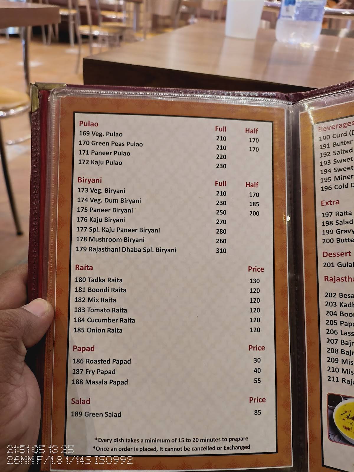 Rajasthan Dhaba menu