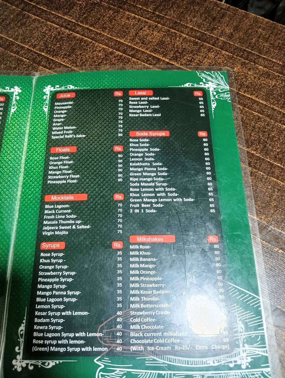 Ralli's Golpark menu