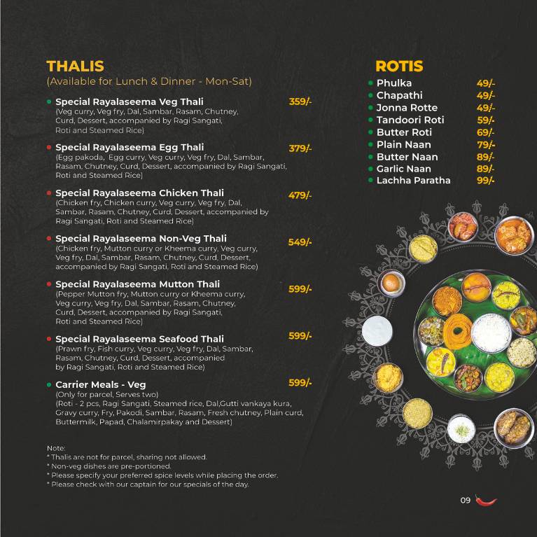 Rayalaseema Ruchulu menu