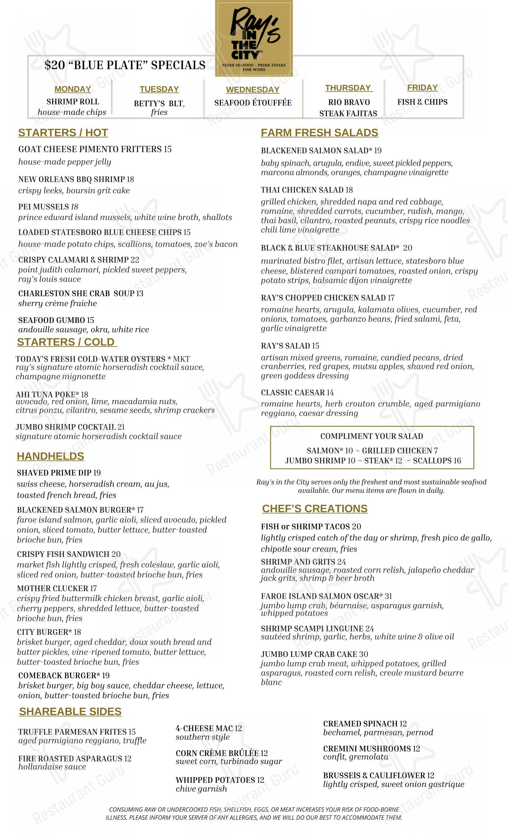 Menu at Ray's In the City restaurant, Atlanta, 240 Peachtree St