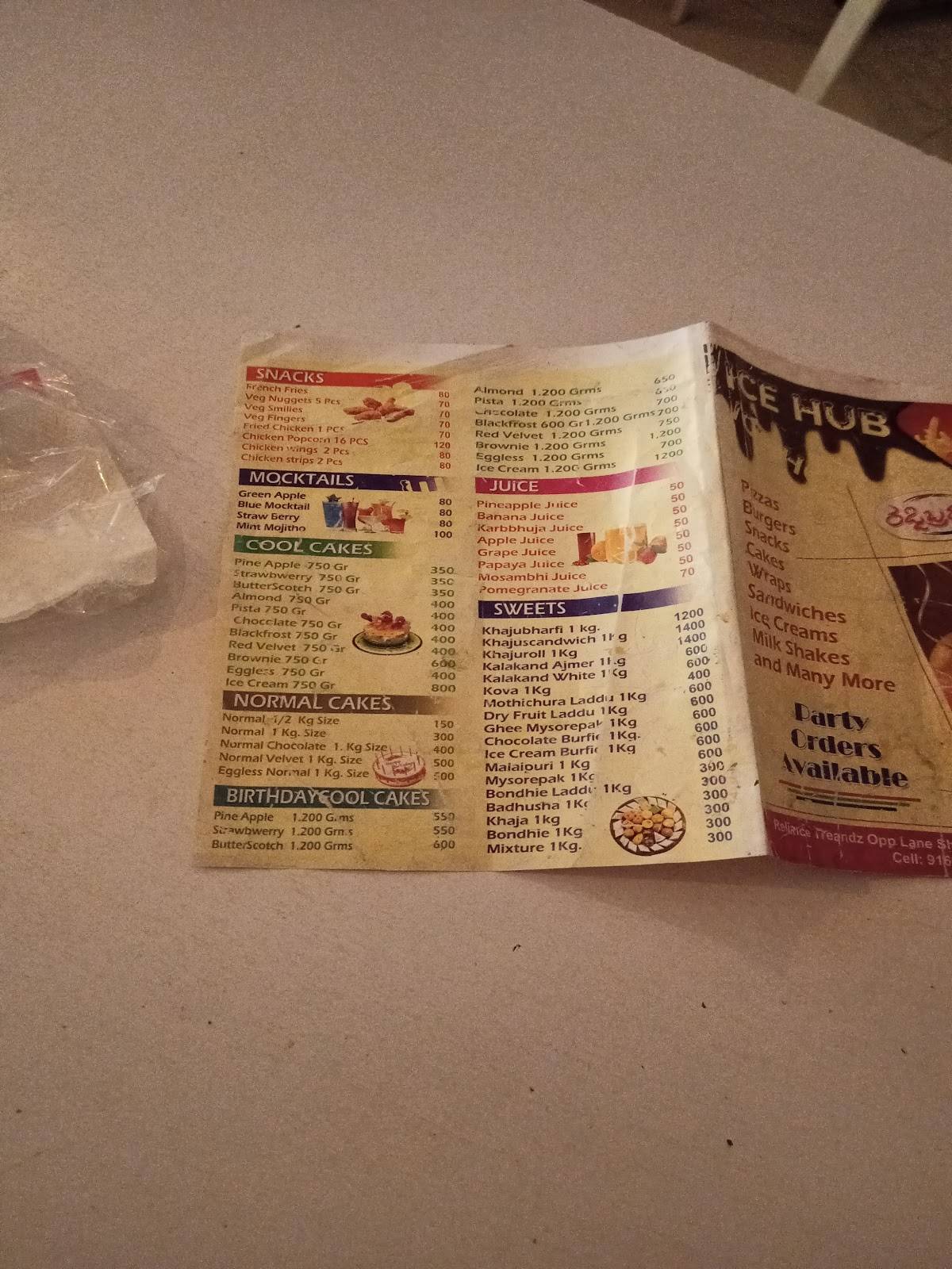 Reddy Brothers Ice Hub menu