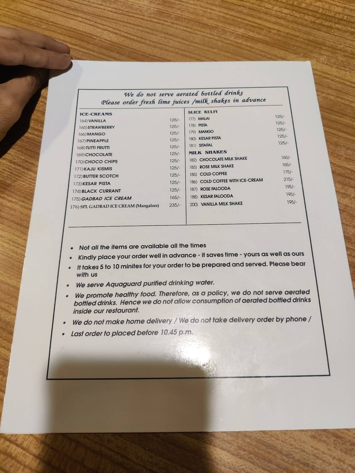 A Rama Nayak & Sons, Udipi menu