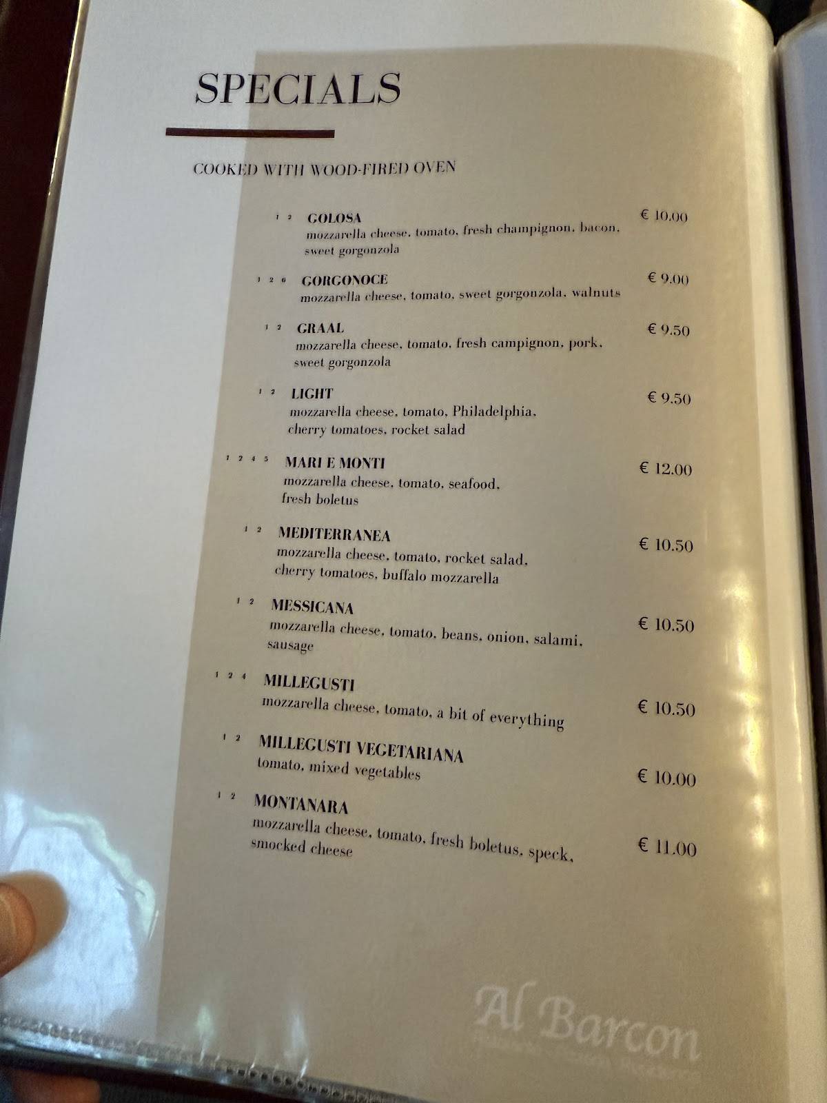 Menu di Al Barcon Ristorante-pizzeria e Residence 