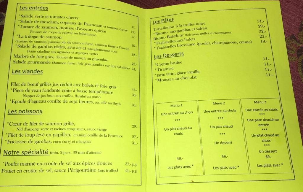 Menu di Restaurant Babylone 