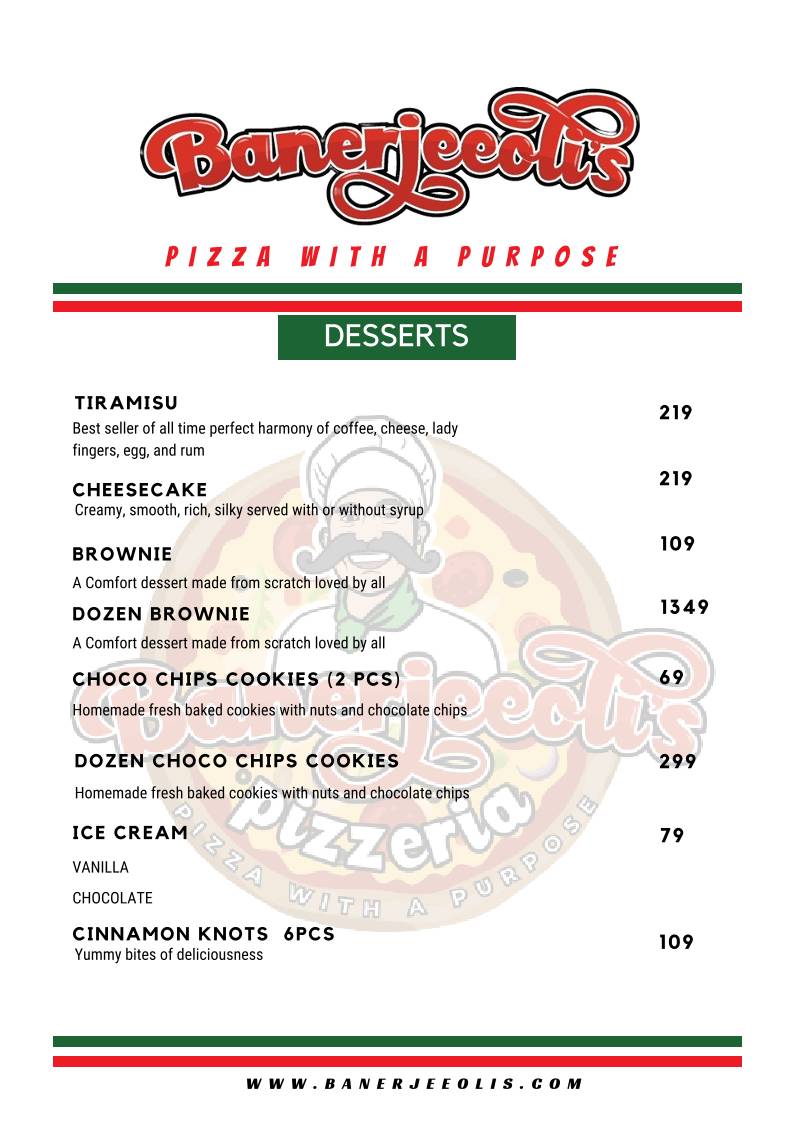 Banerjeeoli's Pizza with a Purpose menu