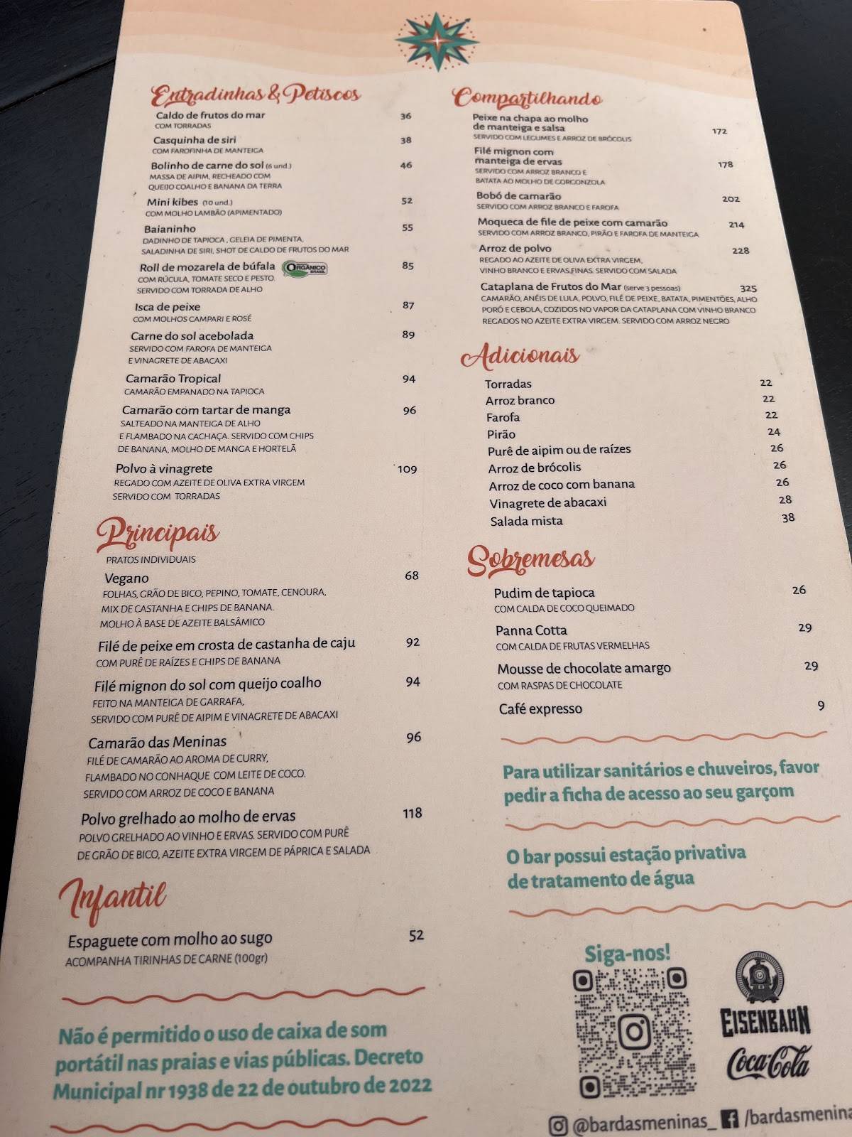 Bar das Meninas cardápio
