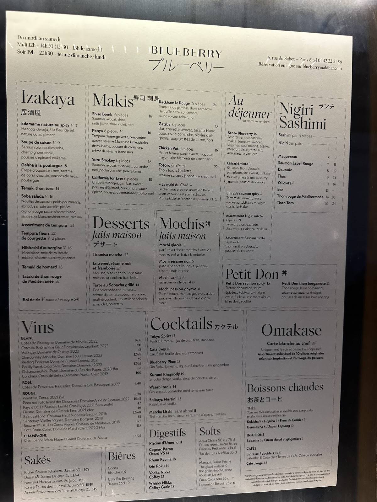 Menu de Blueberry Maki Bar