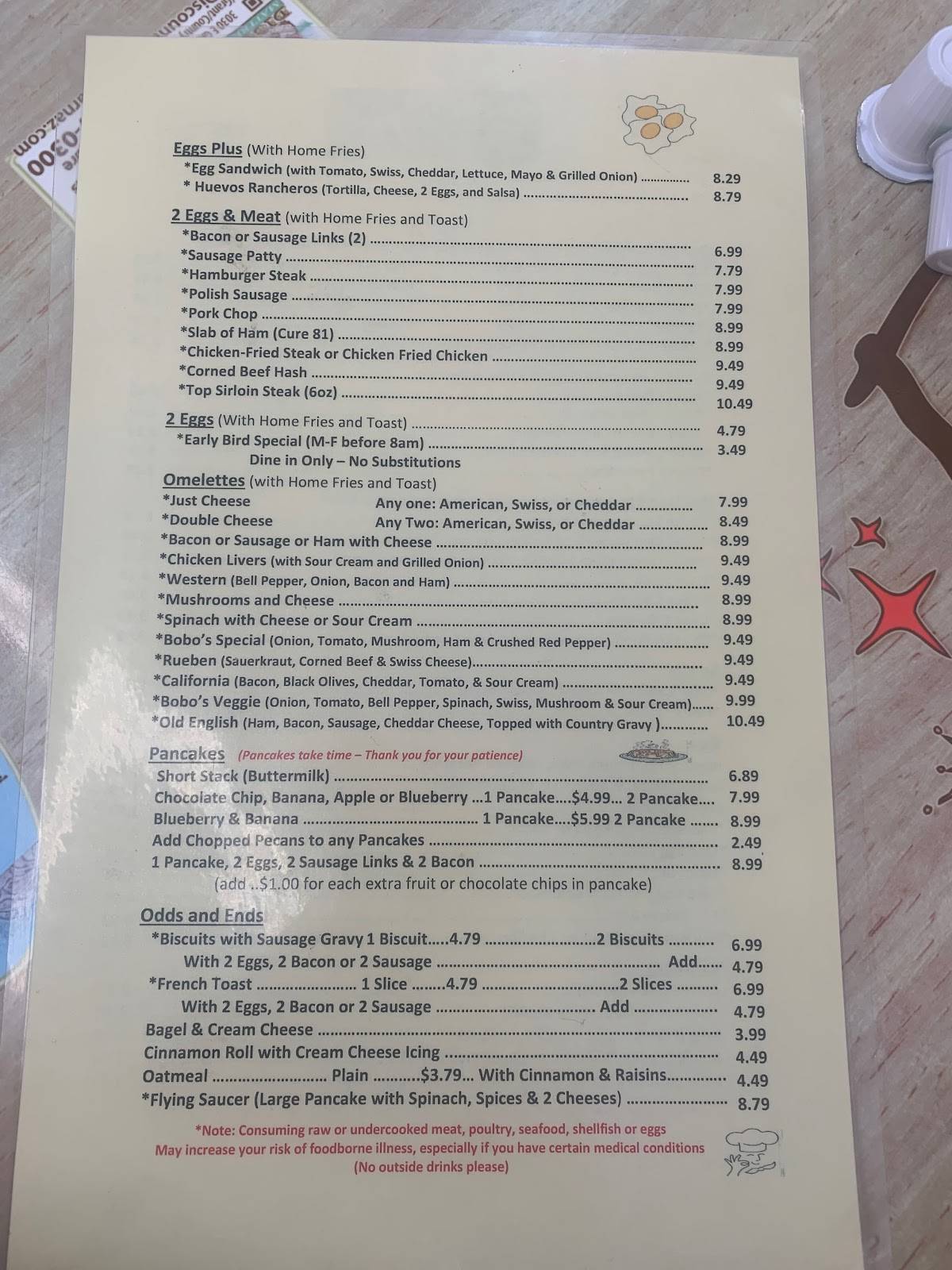 Menu at Bobo's Restaurant, Tucson