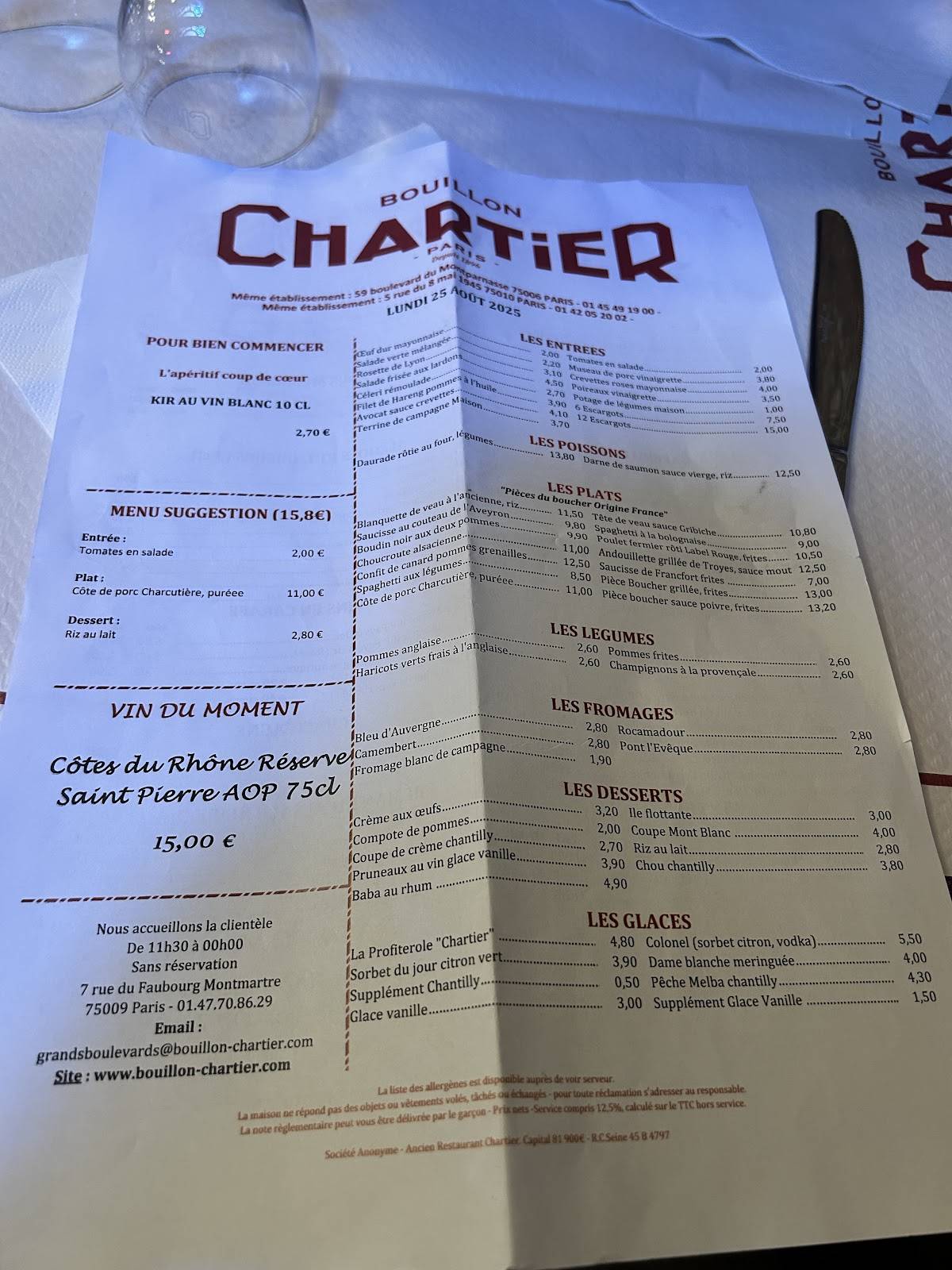 Menu de Bouillon Chartier Grands Boulevards