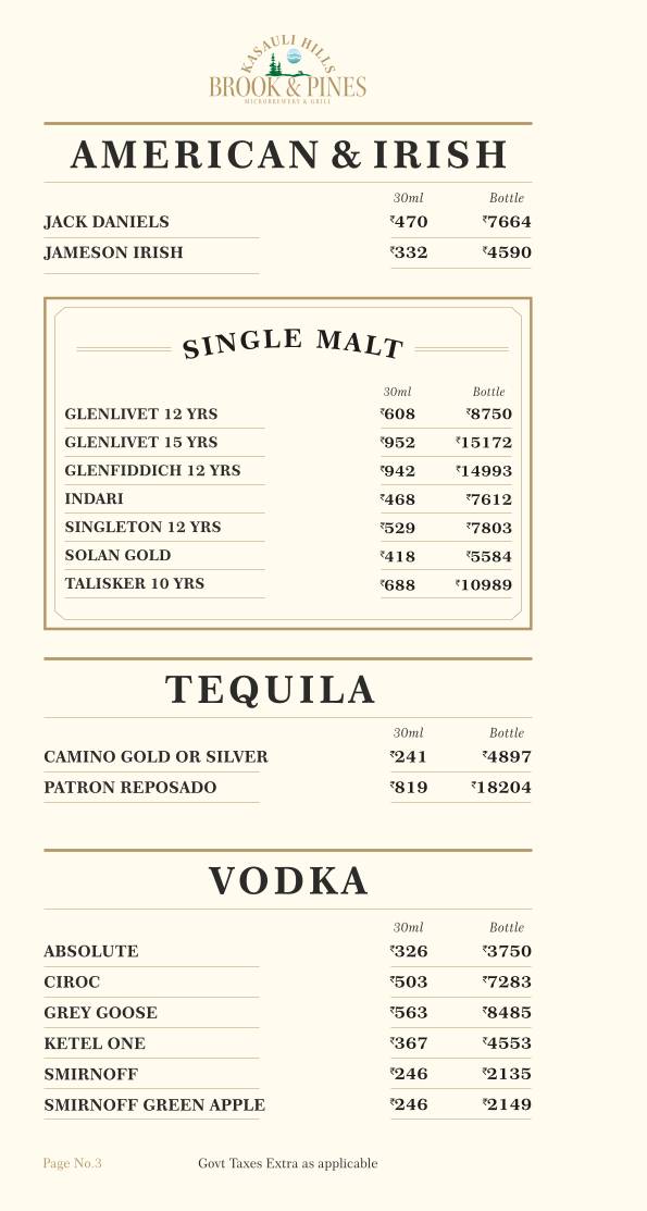 Brook & Pines Restaurant, Microbrewery & Grill menu