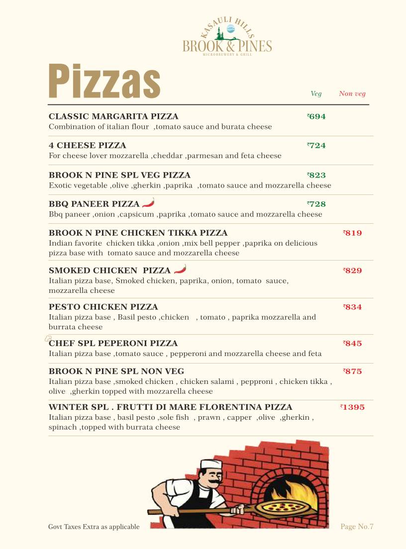 Brook & Pines Restaurant, Microbrewery & Grill menu